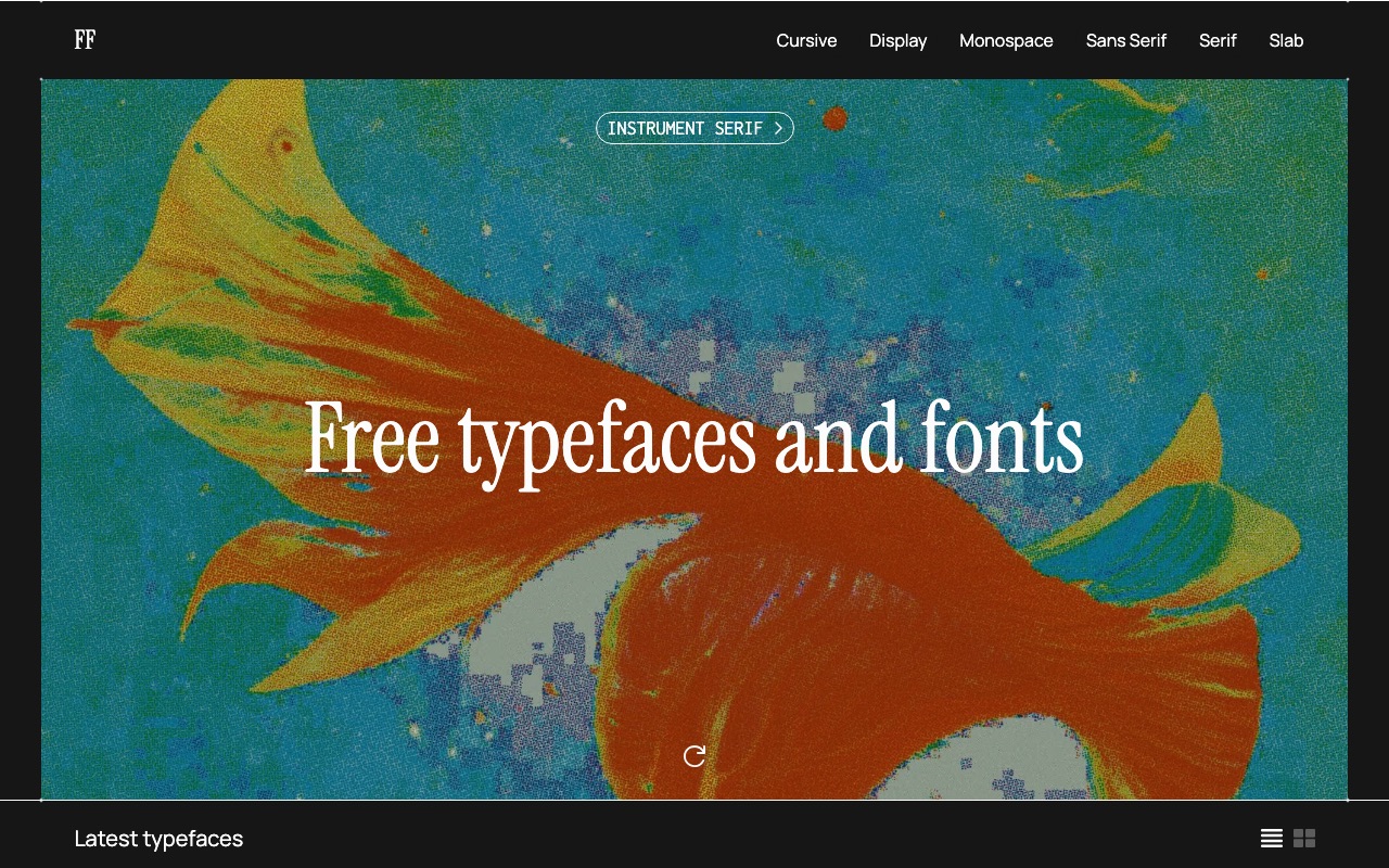Free Faces' homepage: 'Free typefaces and fonts' over a painterly background, with category navigation.