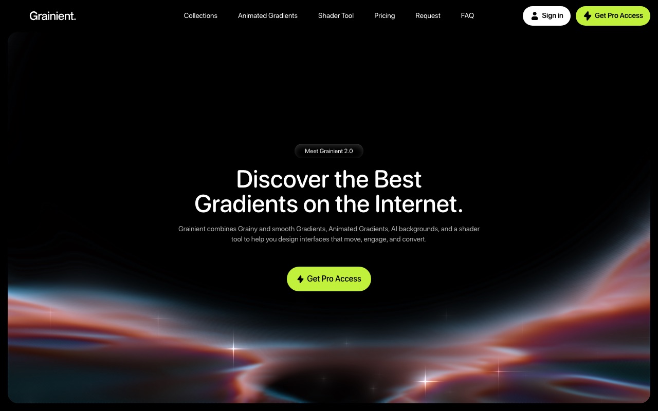 Grainient's homepage: a dark hero reading 'Discover the Best Gradients on the Internet' over a glowing gradient.