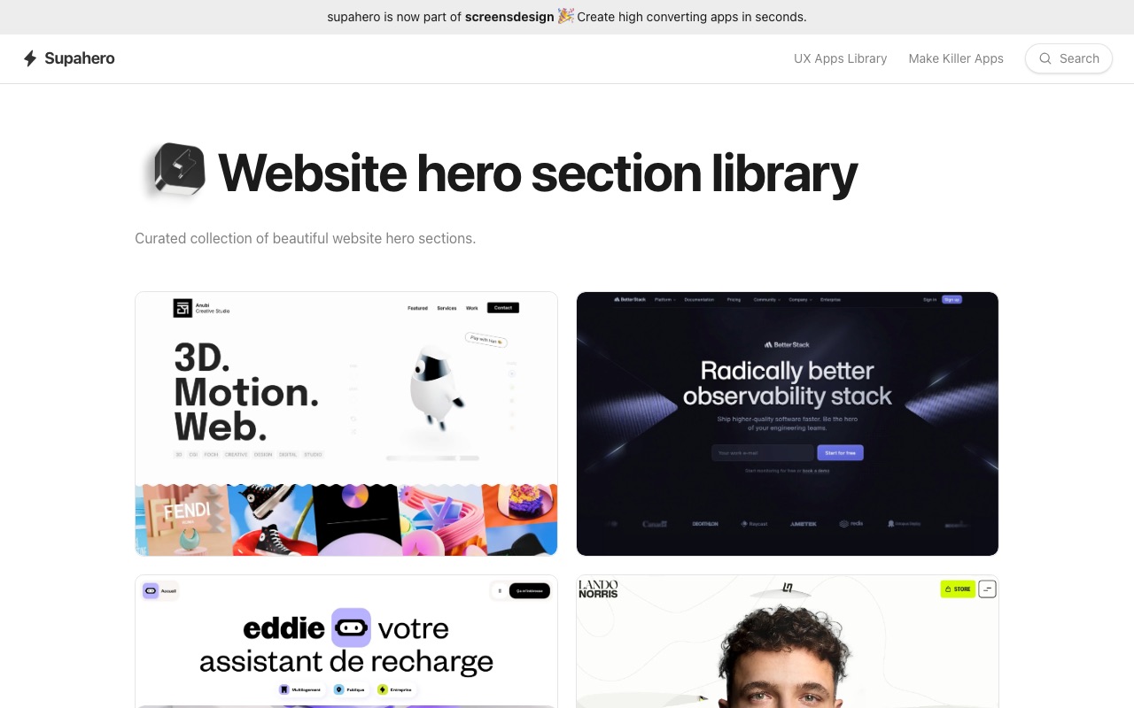 Supahero's homepage: 'Website hero section library' above a grid of real hero-section screenshots.