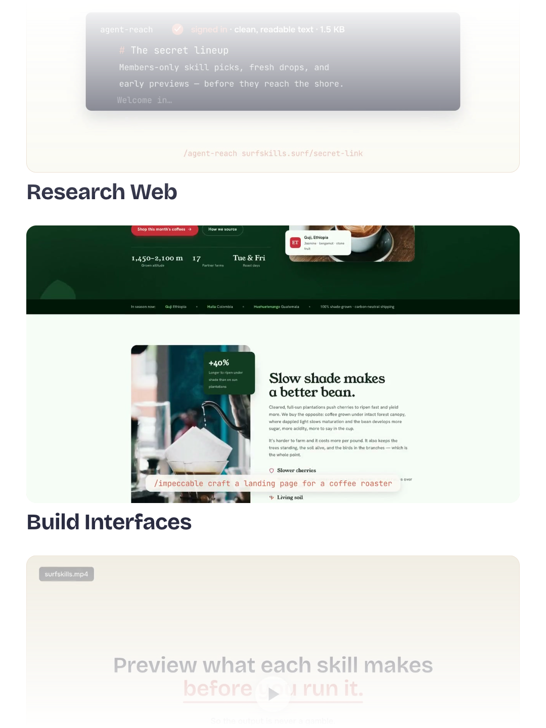 A carousel of skill previews, each showing a skill's before and after result.