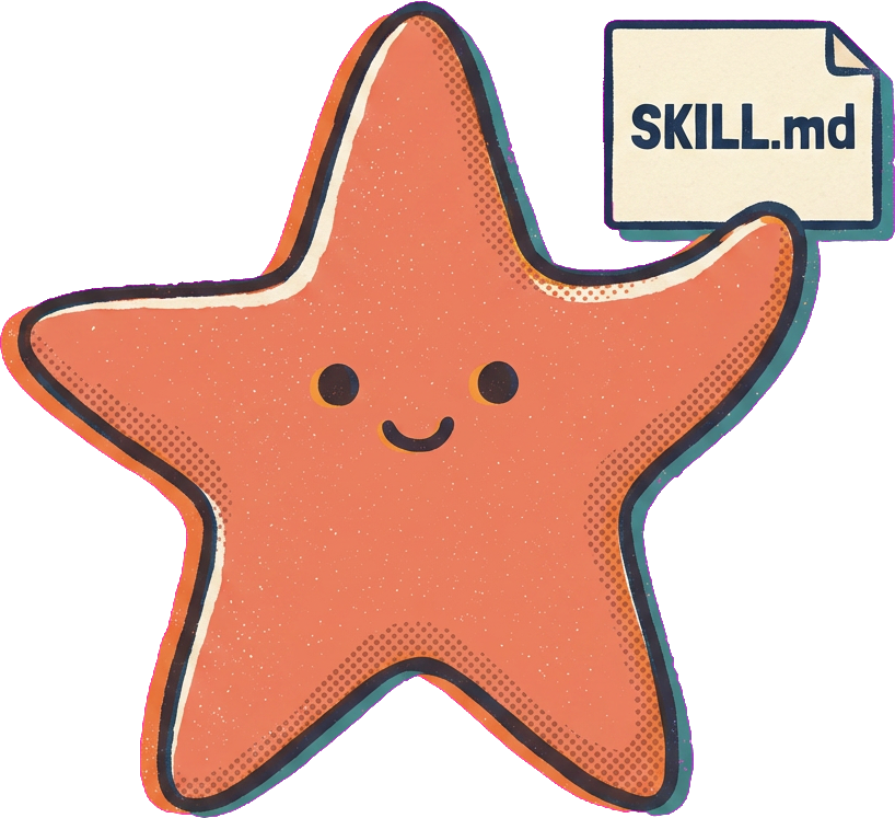 Sunny, the Surf Skills starfish, holding a SKILL.md note
