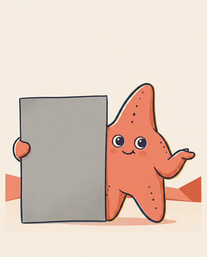 Sunny the starfish holding up a dull gray printout at arm's length, unimpressed.