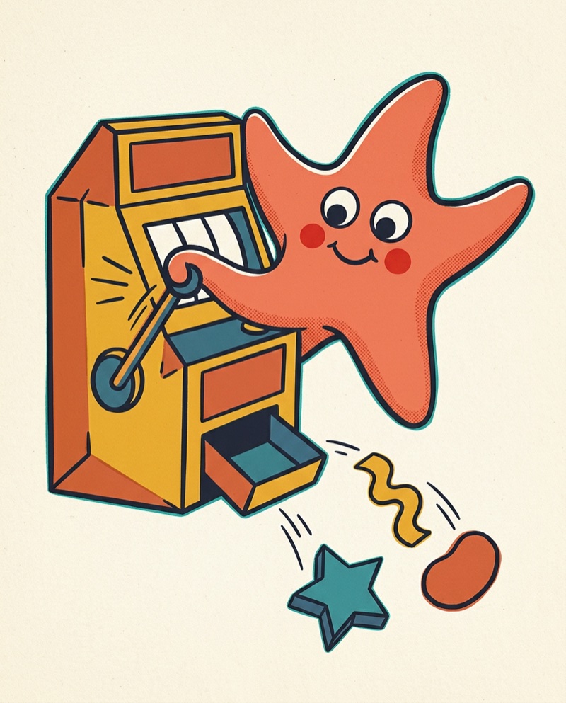 Sunny at a slot machine as three mismatched results tumble out, each one different.
