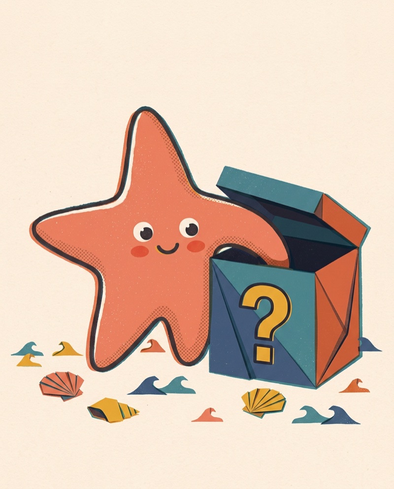 Sunny reaching an arm into a sealed mystery box marked with a question mark.