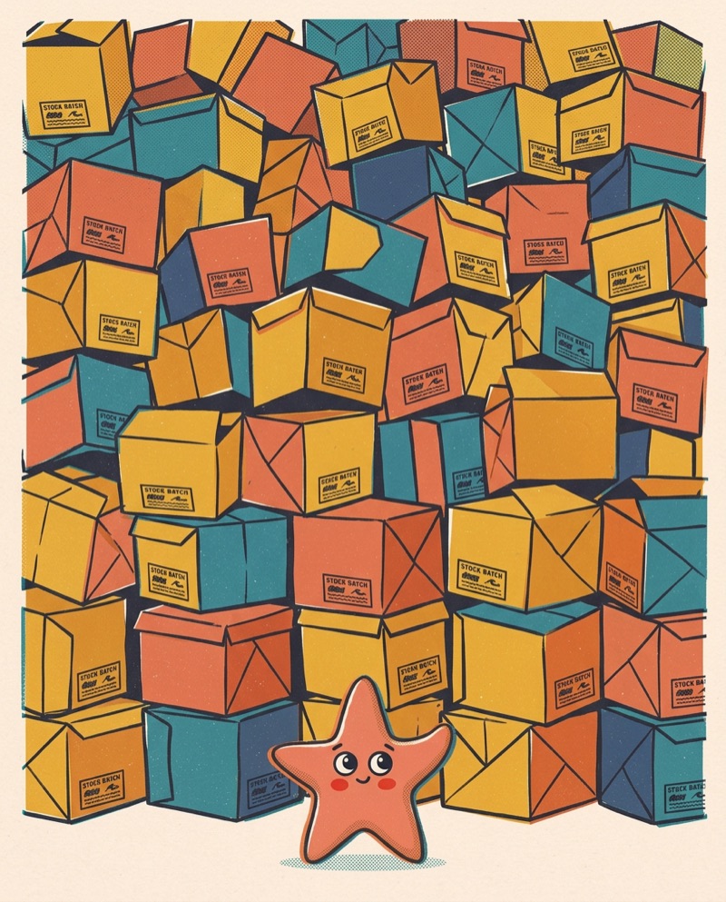 Sunny dwarfed by a towering wall of identical look-alike crates.