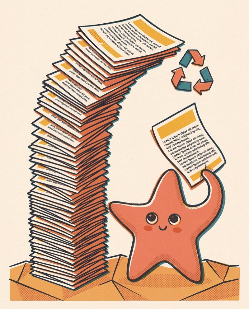 Sunny beside a tall, toppling stack of identical papers, adding yet another copy.